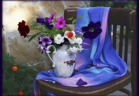 still life - flowers, veil, pitcher, chear, still life