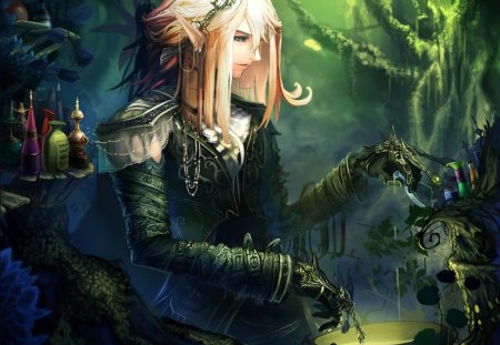 Magic Elf Girl - female, magic, profile, hot, earring, blonde hair, forest, cool, tree, elf, smile, pointy ears, jewelry, megic elf girl, sexy