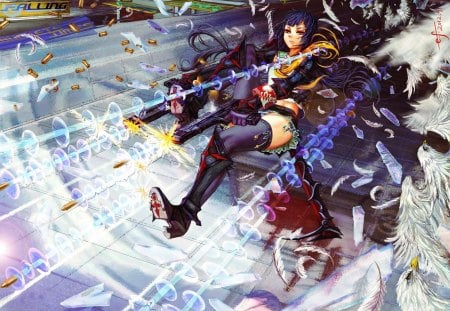 EdenFox - bird, anime girl, female, edenfox, boots, gun, hot, feather, cool, long hair, black hair, sexy