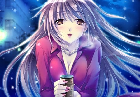 I am Cold - anime girl, i am cold, hot, snow, blush, night, cool, nail polish, long hair, drink, freeze, cold, purple hair, sexy