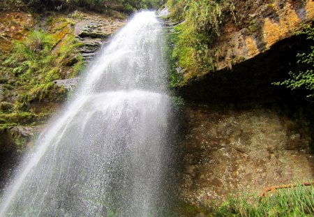 Waterfall - moss, grasses, waterfall, mountain