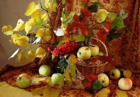 Fall in a basket- still life - yellow, brown, colors, still life, basket, nature, twig, autumn, red, green, arrangement, fruit, leaf, apple