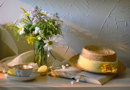 A guest for tea - guest, tea, summer, time, still life, book, fruit, cup, vase, straw hat, nature, lemon, flowers