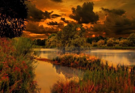 Autumn river - amazing, grass, light, reflection, shore, riverbank, twilight, lake, nice, sky, clouds, trees, beautiful, colors, lovely, fall, river, nature, autumn, dusk