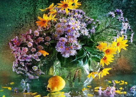 Sadness flowers - sadness, vase, yellow, summer, blue, flowers, pear, nature, purple, autumn, green, fruits