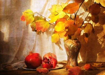 Autumn - autumn, pomegranate, still life, yellowing, fruit, vase, nature, yellow, green, leaves