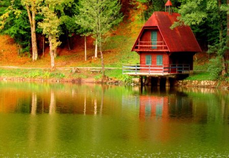 Lake cottage - calm, cabin, reflection, calmness, shore, riverbank, lake, nice, cottage, house, greenery, trees, beautiful, lovely, lakeshore, river, nature, autumn, serenity