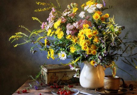 Still life - different, simple, still life, fruit, cup, vase, nature, purple, box, yellow, flowers, colors