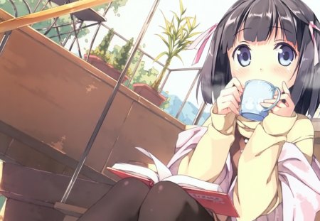 Shiomiya Shiori - anime, the world only god knows, book, kantoku, girl, tea, purple eyes, short hair, shinomiya shiori, cute, ribbon, plants, cup