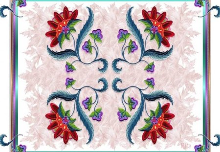 FLORAL GATHERING ON A LEAFY BED - varied gradient fram, leafy background, red, purple