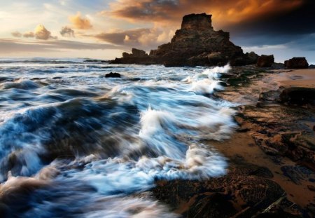 BEACH SUNSET - seaside, coastline, water, breakers, shore, foam, rocks, coast, waves, oceans, clouds, sunsets, waterscapes, sea