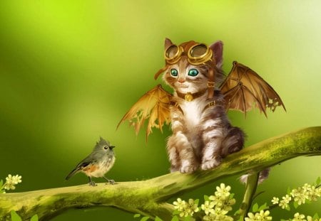 Learning to fly - bird, fantasy, art, cat