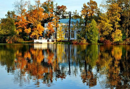 Autumn - mansion, autumn colors, splendor, landscape, reflection, leaves, villa, view, autumn splendor, lake, houses, sky, clouds, house, trees, water, beautiful, beauty, colors, lovely, architecture, tree, pier, nature, autumn, autumn leaves, peaceful