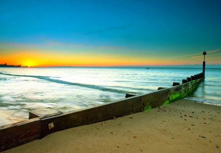 OCEAN SUNSET - water breaker, sea, landscape, sunset