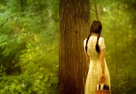 * Forest journey * - trees, girl, alone, books, forest, basket, nature, journey, green