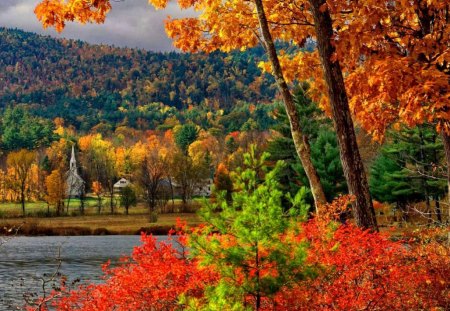 Autrumn lakeshore - lakeshore, cottage, autumn, trees, peaceful, water, colorful, foliage, calm, fall, house, lake, falling, mountain, shore, slopes, peaks, nature, red, leaves, cabin