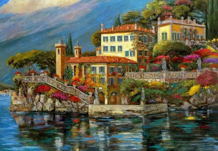 Villa at lake Como - calm, reflections, relax, cascades, summer, europe, mountain, villa, shore, holiday, riverbank, como, lake, hotel, houses, sky, castle, clouds, water, vacation, slope, sea, rest, lakeshore, village, colorful, river, nature, painting, serenity, italy, peaceful