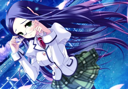 Yamamine Hijiri Bernard - anime school girl, anime girl, wind, purple, sakura, pochi to goshujin-sama, yamamine hijiri bernard, anime, cherry blossoms