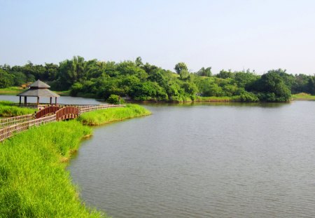 Lake - wooden trail, pavilion, lake, bridge