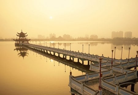 Lotus Lake - oriental, sunset, landscape, lake, city, taiwan