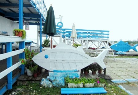 Beach coffee shop - coffee shop, wood carving, fish, beach, blue