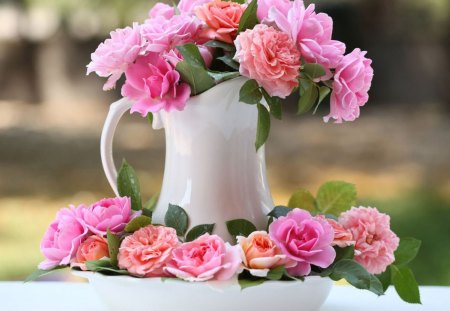 Lovely roses - nice, pink roses, delicate, blooms, bouquet, tenderness, bud, still life, nature, pitcher, jar, blossoms, petals, flowers, bright colors