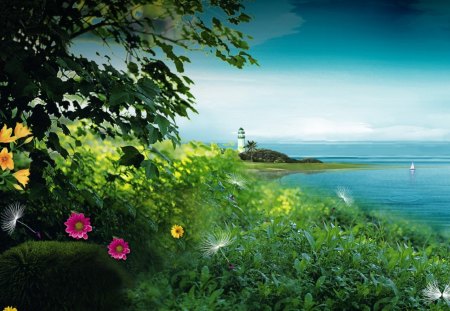 Lighthouse Watch - summer, scenery, blue, beach, grass, spring, flowers, sky, clouds, trees, lighthouse, dandelions, sea, fluff, fleurs, tree, sailboat, rocks