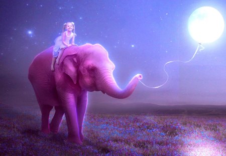 HAPPY RIDE - moon, kid, elephant, balloon, ride, stars, child, sky