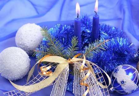 BLUE CHRISTMAS - tinsel, flames, ribbons, candles, christmas, baubles, gold, blue, festive