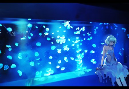 Aquarium - short hair, water, harano, dress, bubbles, girl, aquarium