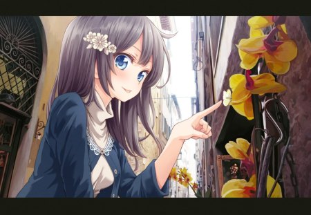 Poke - flowers, girl, butterfly, narrow street, blue eyes