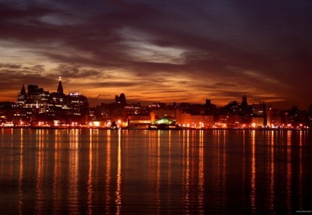 city reflection - dusk, lights, reflection, city, sea