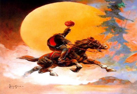 Headless Horseman 3 - moon, rider, painting, pumpkin, horse, tree