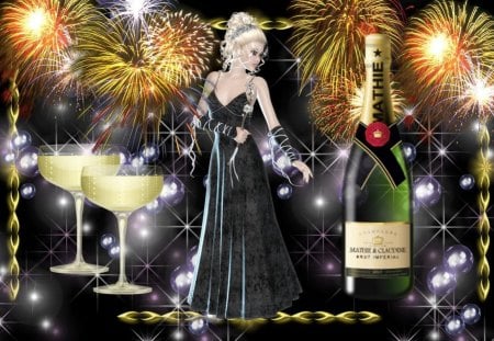 New Year's Bubbly - new year, celebrate, champagne, winter, fantasy, happy new year, new years, fairy, fireworks