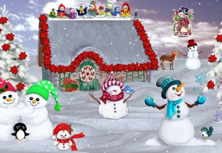 Snowman Christmas Cottage - snowman, cottage, snow, winter, holiday, christmas