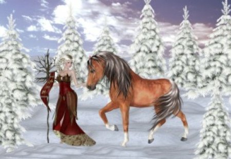 Winter Walk - elf, horse, snow, magic, magical, winter, fairy, fantasy