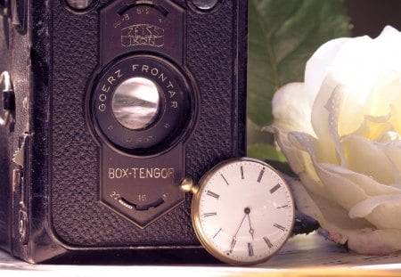 Still Life - beauty, roses, photography, rose, still life, with love, white roses, white, camera, clock, romance, old, for you, lovely, nature, white rose, romantic, beautiful, flowers