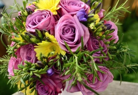 * Cute bouquet * - purple, gerbera, yellow, roses, pink, petals, bouquet, flowers