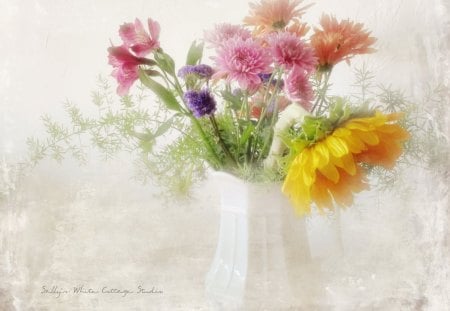 Loveliest Smileâ™¥ - love, sunflower, autumn, perfect, vase, bright, nature, white, fall, pitcher, forever, yellow, pink, green, flowers