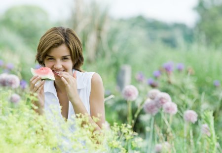 * Taste it * - summer, spring, grass, tasty, flowers, smile, nature, watermelon, green, fruit, cute girl, face