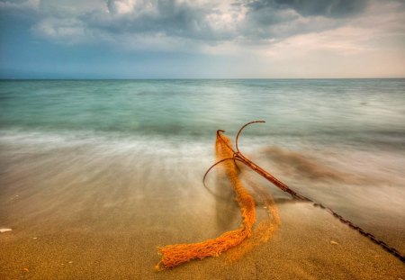 Anker - cloud, red, fisching nets, blue, sky, clouds, anker, ancher, sea