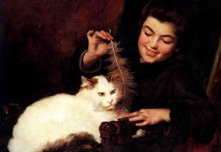 Antoine Jean Bail ~ Lady and the white cat - artist, lady, antoine jean bail, cat, pinting, white fur, art, play, feather, animal, cute