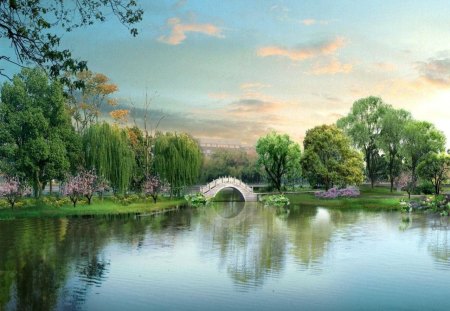 a bridge - flowers, clouds, trees, water