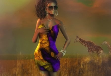 Savannah girl - dress, savannah, grass, exotic, field, nice, sky, camelopard, beautiful, africa, girl, lovely, nature, glasses, lady, woman, wild