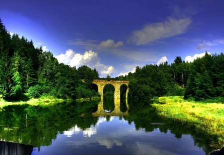 Bridge reflection - nice, lakeshore, sky, riverbank, water, greenery, mirrored, calm, reflection, clouds, river, bridge, summer, shore, lovely, nature, beautiful