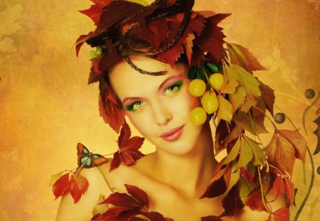 Autumn girl - pretty, leaves, red hair, face, golden, nice, fruits, falling, mood, beautiful, girl, lovely, orange, fall, smile, nature, lady, woman, autumn, fairy