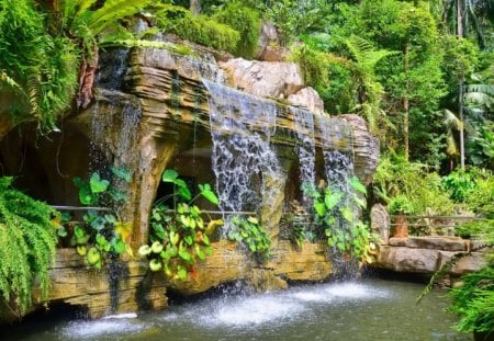 Garden waterfall - pretty, summer, bushes, grass, home, fresh, garden, yard, nice, strean, greenery, trees, water, beautiful, lovely, stones, fall, nature, waterfall, green, park, rocks