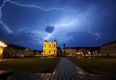 Union Square / Timisoara - sky, union square, night, timisoara, square, romania, blue, beautiful, clouds, architecture, lightning, monuments