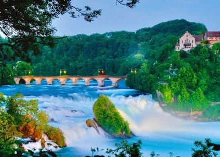 River cascades - sky, trees, riverbank, countryside, stream, cottages, river, branches, houses, cascades, summer, bushes, nature, town, forest, floating, blue, cabin