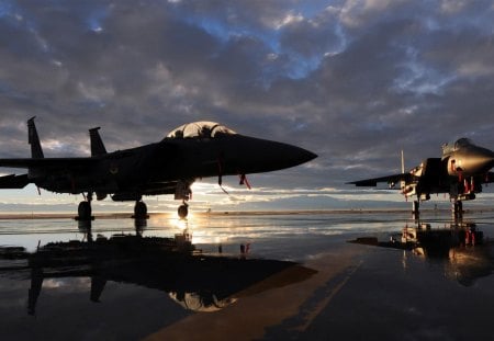 F15 strike eagles - clouds, planes, sunset, military, wet